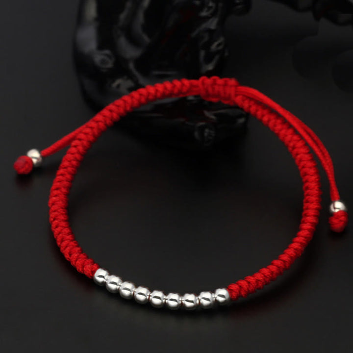 Buddha Stones Retro 925 Sterling Silver Simple Beads Knot Design Luck String Bracelet - 925 Sterling Silver(Wrist Circumference: 15-22cm) - Red - image 1