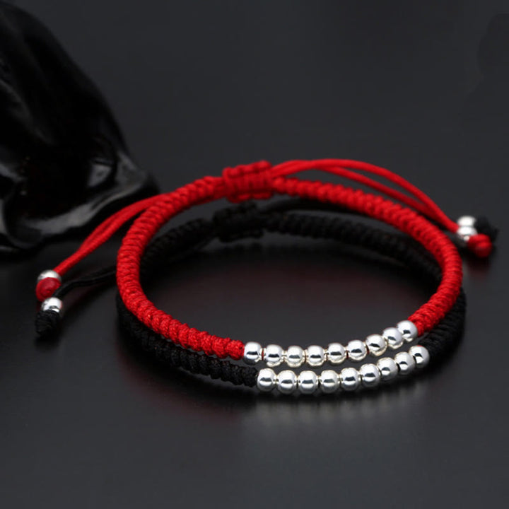 Buddha Stones Retro 925 Sterling Silver Simple Beads Knot Design Luck String Bracelet - image 3