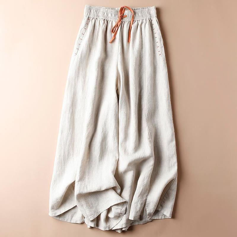 Buddha Stones Casual Cotton Slit Hem Women's 7-8 Length Wide Leg Pants With Pockets - Seashell - US8-10，UK/AU12-14，EU40-42 (2XL) - image 1