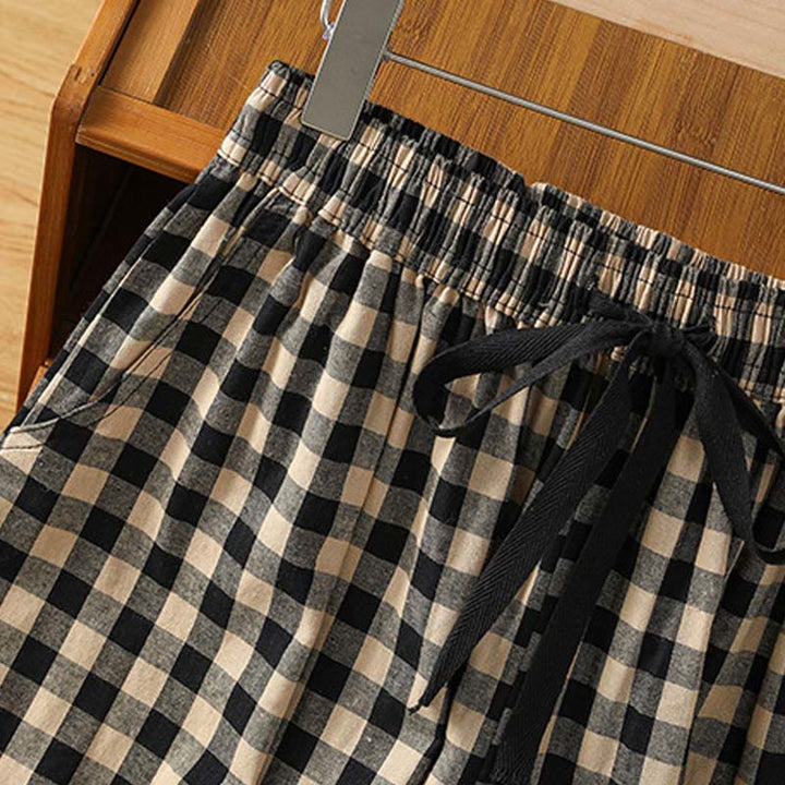 Buddha Stones Casual Cotton Stitching Grid Women's 7-8 Length Wide Leg Pants With Pockets - image 7