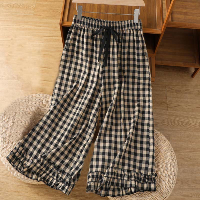 Buddha Stones Casual Cotton Stitching Grid Women's 7-8 Length Wide Leg Pants With Pockets - image 1