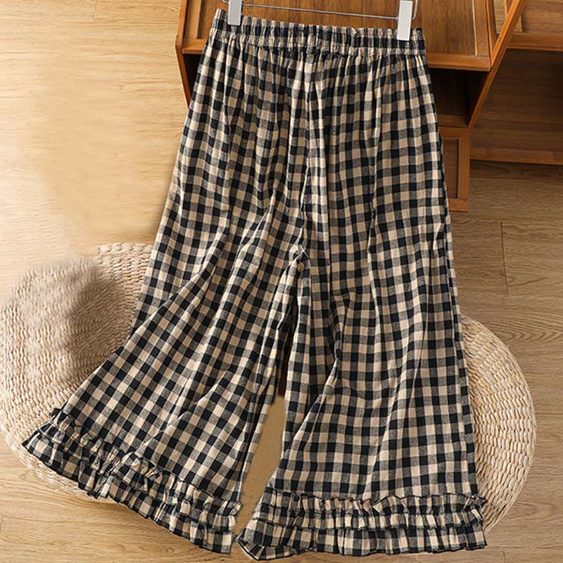 Buddha Stones Casual Cotton Stitching Grid Women's 7-8 Length Wide Leg Pants With Pockets - Black - US6，UK/AU10，EU38 (XL) - image 1