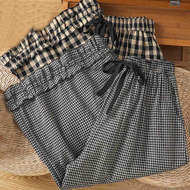 Buddha Stones Casual Cotton Stitching Grid Women's 7-8 Length Wide Leg Pants With Pockets - image 16