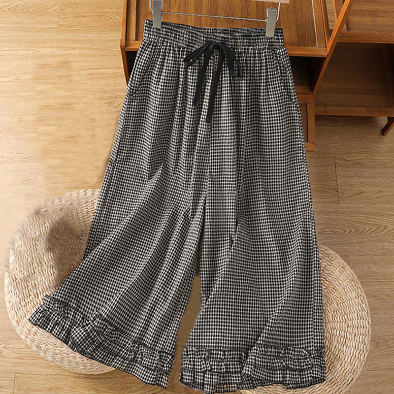 Buddha Stones Casual Cotton Stitching Grid Women's 7-8 Length Wide Leg Pants With Pockets - DimGray - US6，UK/AU10，EU38 (XL) - image 9