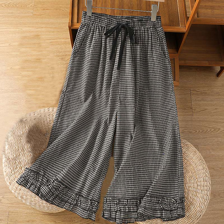 Buddha Stones Casual Cotton Stitching Grid Women's 7-8 Length Wide Leg Pants With Pockets - DimGray - US6，UK/AU10，EU38 (XL) - image 9