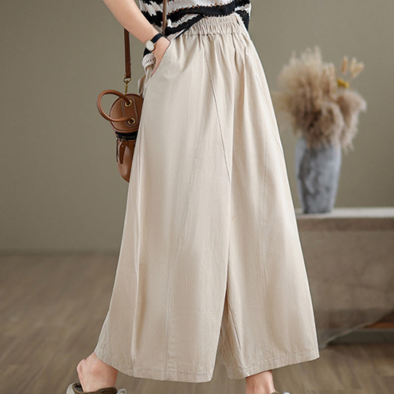 Buddha Stones Casual Plain Cotton Women's 7-8 Length Wide Leg Pants With Pockets - Beige - US8-10，UK/AU12-14，EU40-42 (2XL) - image 0