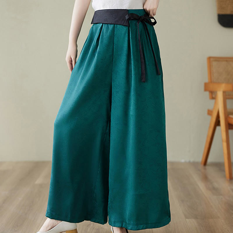 Buddha Stones Casual Jacquard Lace-up Cotton Women's Wide Leg Pants With Pockets - DarkCyan - US8-10，UK/AU12-14，EU40-42 (2XL) - image 1