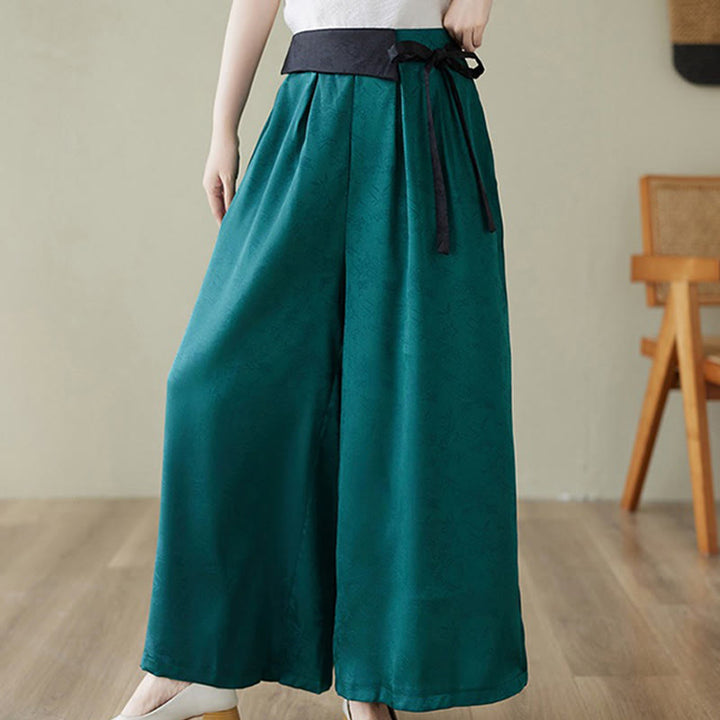 Buddha Stones Casual Jacquard Lace-up Cotton Women's Wide Leg Pants With Pockets - DarkCyan - US8-10，UK/AU12-14，EU40-42 (2XL) - image 1