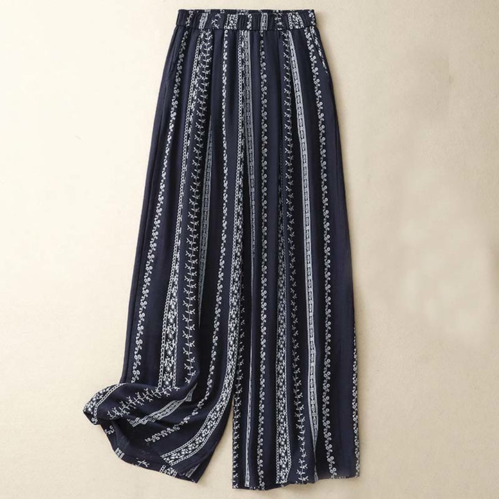 Buddha Stones Casual Vertical Printing Cotton Linen Women's Wide Leg Pants With Pockets - MidnightBlue - US8-10，UK/AU12-14，EU40-42 (2XL) - image 1
