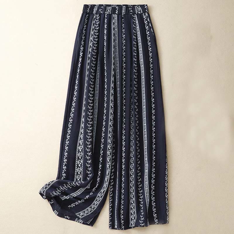 Buddha Stones Casual Vertical Printing Cotton Linen Women's Wide Leg Pants With Pockets - MidnightBlue - US8-10，UK/AU12-14，EU40-42 (2XL) - image 0