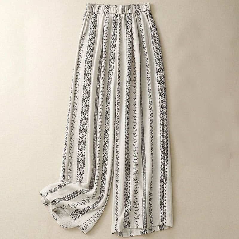 Buddha Stones Casual Vertical Printing Cotton Linen Women's Wide Leg Pants With Pockets - Beige - US8-10，UK/AU12-14，EU40-42 (2XL) - image 6