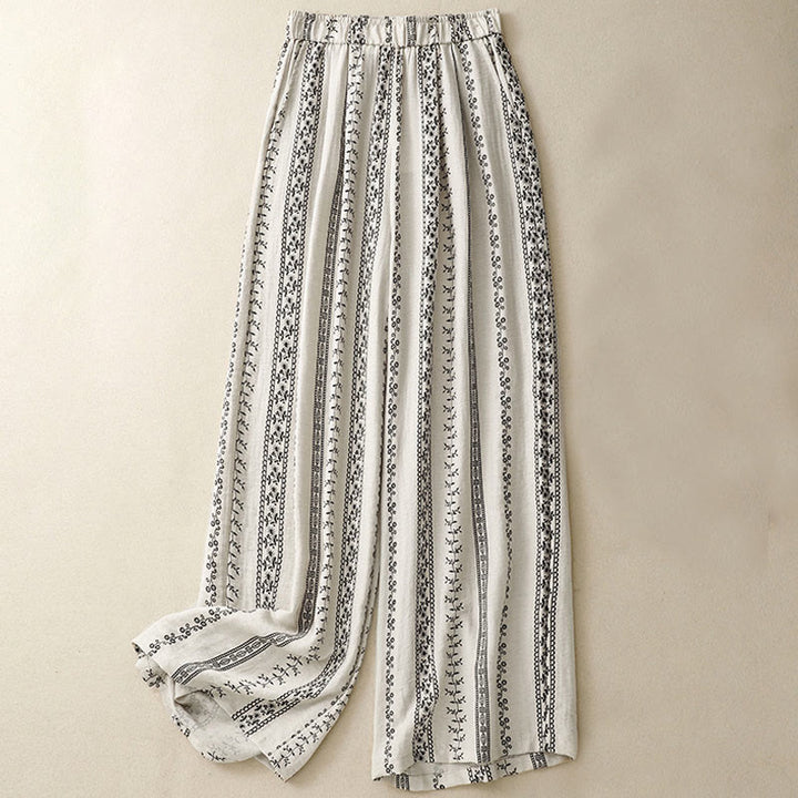 Buddha Stones Casual Vertical Printing Cotton Linen Women's Wide Leg Pants With Pockets - Beige - US8-10，UK/AU12-14，EU40-42 (2XL) - image 6