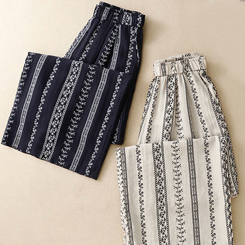 Buddha Stones Casual Vertical Printing Cotton Linen Women's Wide Leg Pants With Pockets - image 15