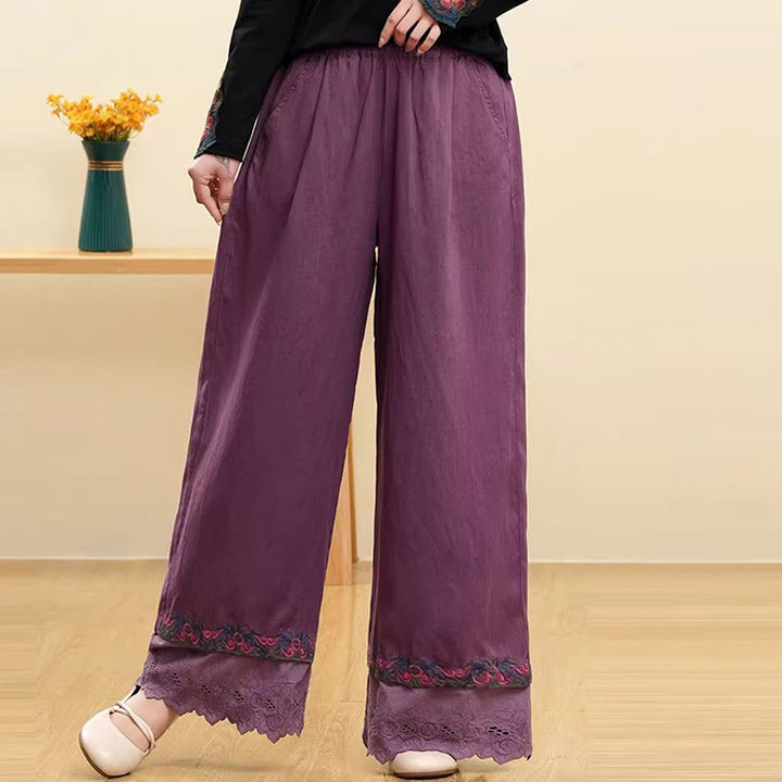 Buddha Stones Casual Embroidered Lace Cotton Linen Women's Wide Leg Pants With Pockets - Purple - US14，UK/AU18，EU46 (4XL) - image 0