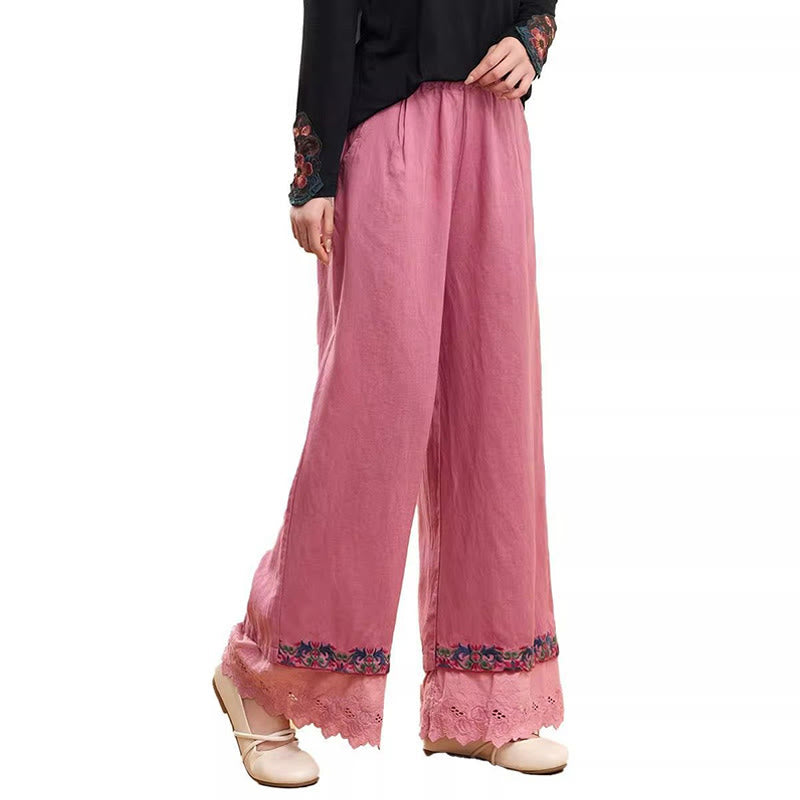 Buddha Stones Casual Embroidered Lace Cotton Linen Women's Wide Leg Pants With Pockets - image 6