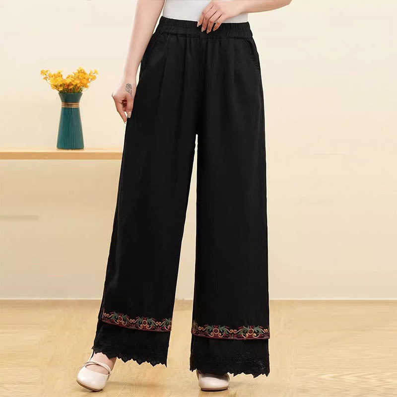 Buddha Stones Casual Embroidered Lace Cotton Linen Women's Wide Leg Pants With Pockets - Black - US14，UK/AU18，EU46 (4XL) - image 4