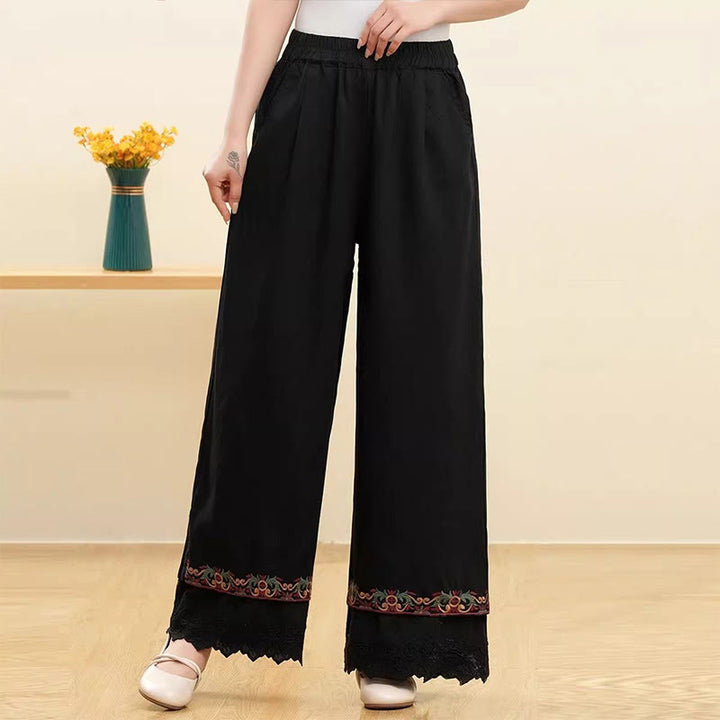 Buddha Stones Casual Embroidered Lace Cotton Linen Women's Wide Leg Pants With Pockets - Black - US14，UK/AU18，EU46 (4XL) - image 4