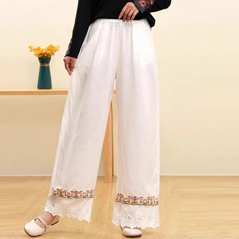Buddha Stones Casual Embroidered Lace Cotton Linen Women's Wide Leg Pants With Pockets - White - US14，UK/AU18，EU46 (4XL) - image 2