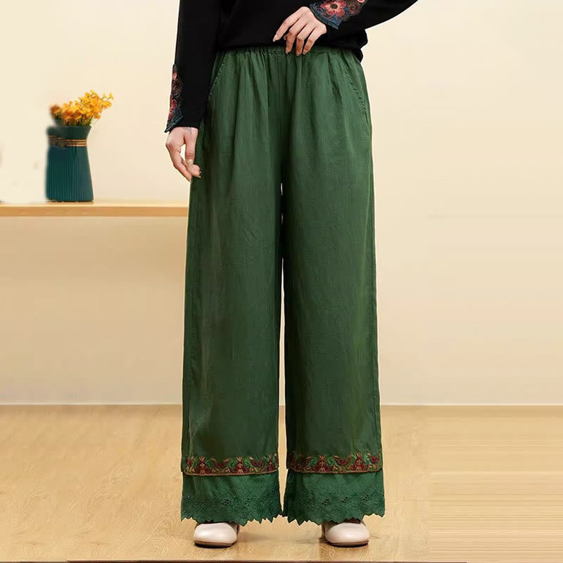 Buddha Stones Casual Embroidered Lace Cotton Linen Women's Wide Leg Pants With Pockets - Green - US14，UK/AU18，EU46 (4XL) - image 3