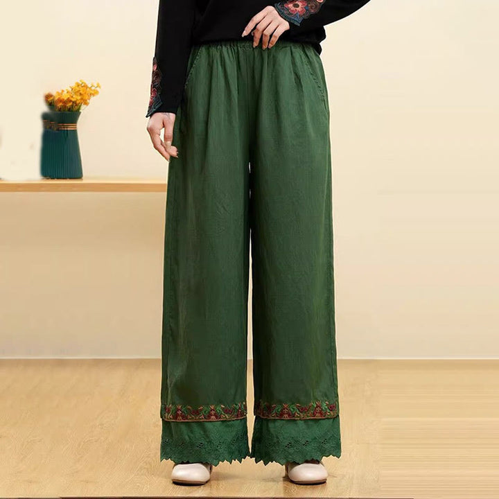 Buddha Stones Casual Embroidered Lace Cotton Linen Women's Wide Leg Pants With Pockets - Green - US14，UK/AU18，EU46 (4XL) - image 3