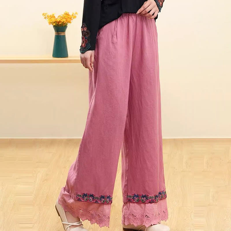 Buddha Stones Casual Embroidered Lace Cotton Linen Women's Wide Leg Pants With Pockets - PaleVioletRed - US14，UK/AU18，EU46 (4XL) - image 5