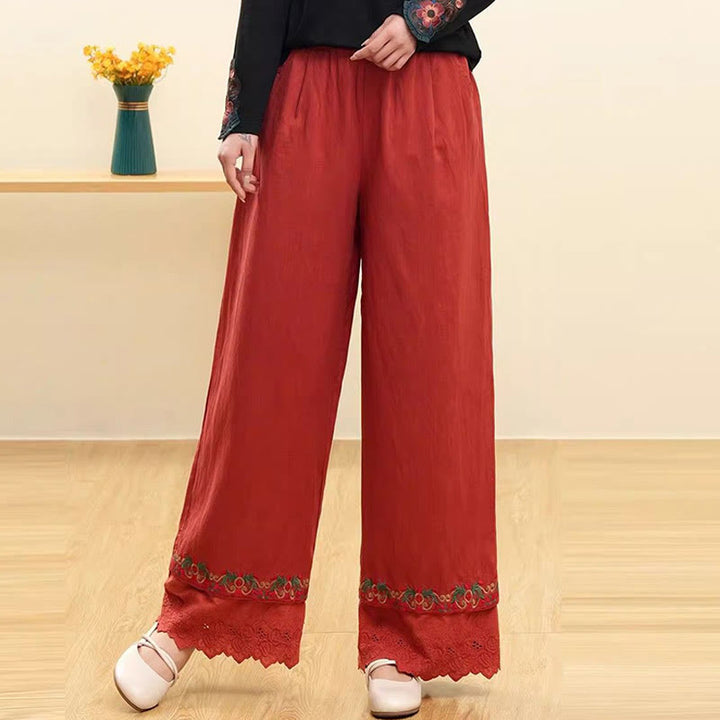 Buddha Stones Casual Embroidered Lace Cotton Linen Women's Wide Leg Pants With Pockets - FireBrick - US14，UK/AU18，EU46 (4XL) - image 1