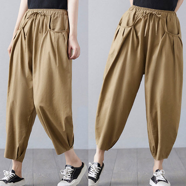 Buddha Stones Summer Plain Cropped Pants Women's Cotton Linen Harem Pants With Pockets - image 5