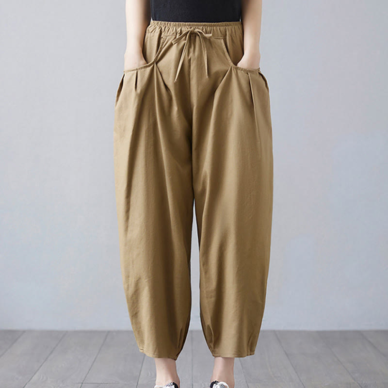 Buddha Stones Summer Plain Cropped Pants Women's Cotton Linen Harem Pants With Pockets - DarkKhaki - US12，UK/AU16，EU44 (3XL) - image 0