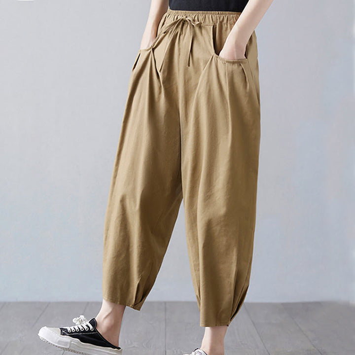 Buddha Stones Summer Plain Cropped Pants Women's Cotton Linen Harem Pants With Pockets - image 3
