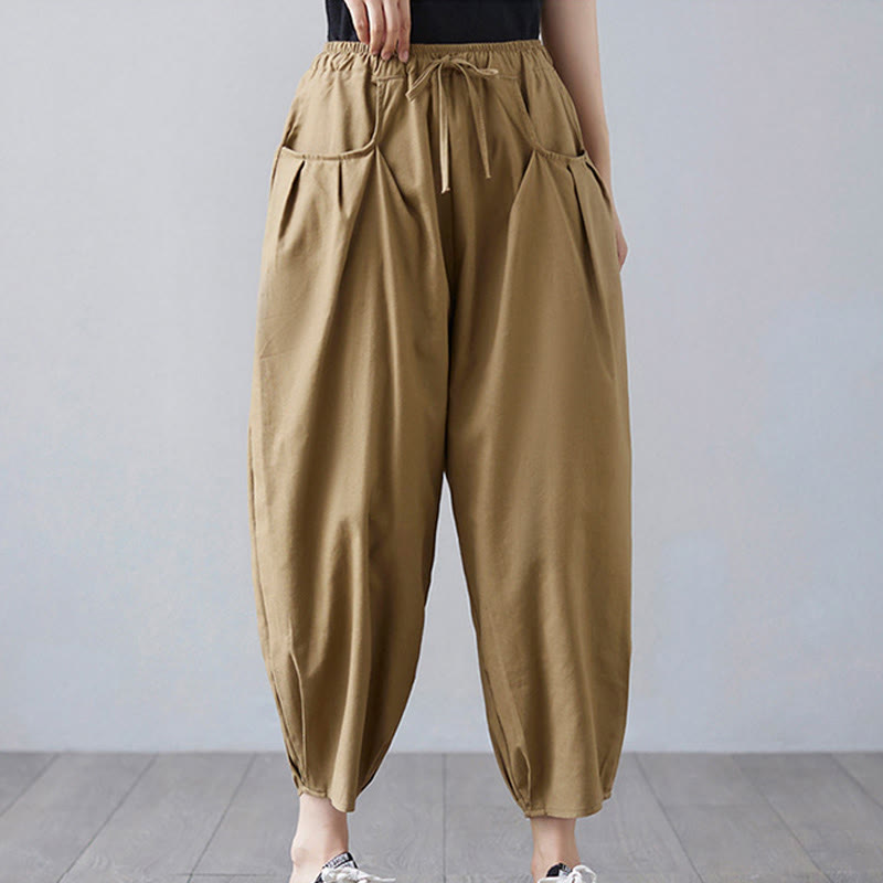 Buddha Stones Summer Plain Cropped Pants Women's Cotton Linen Harem Pants With Pockets - image 2