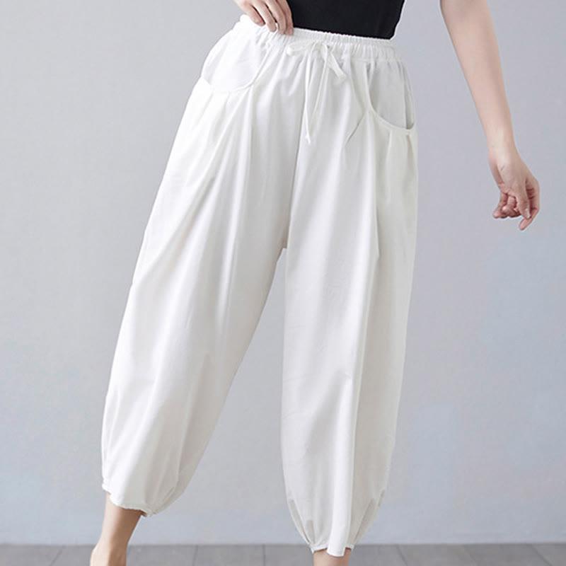 Buddha Stones Summer Plain Cropped Pants Women's Cotton Linen Harem Pants With Pockets - image 9