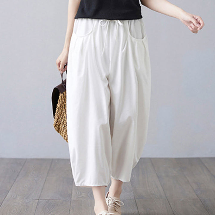 Buddha Stones Summer Plain Cropped Pants Women's Cotton Linen Harem Pants With Pockets - image 11