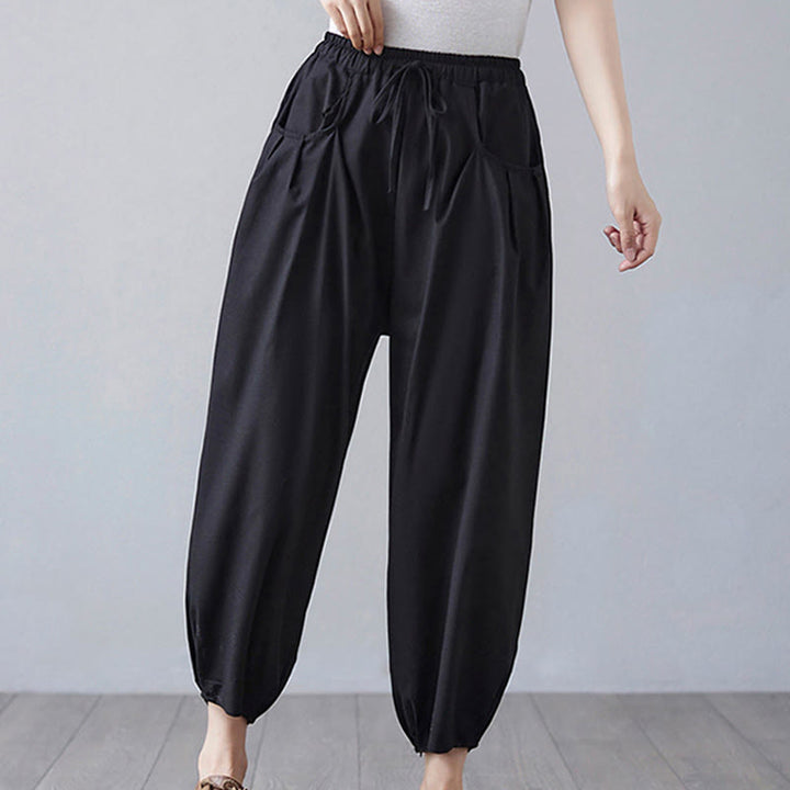 Buddha Stones Summer Plain Cropped Pants Women's Cotton Linen Harem Pants With Pockets - image 17