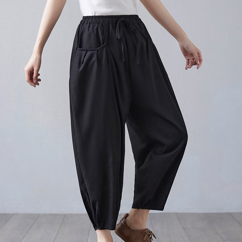 Buddha Stones Summer Plain Cropped Pants Women's Cotton Linen Harem Pants With Pockets - image 18