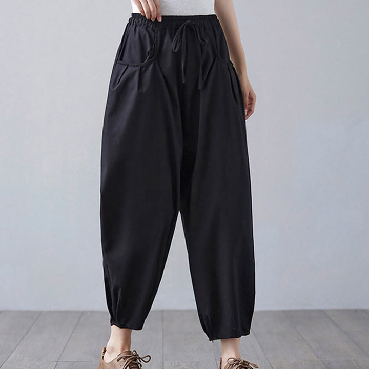 Buddha Stones Summer Plain Cropped Pants Women's Cotton Linen Harem Pants With Pockets - image 14