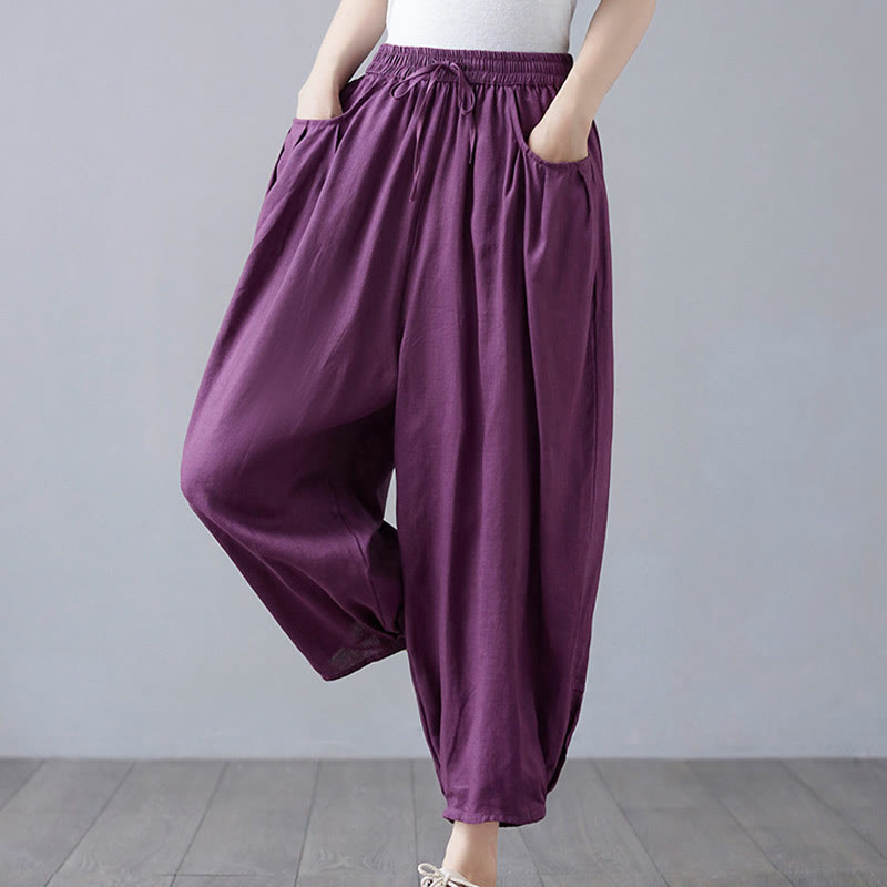 Buddha Stones Summer Plain Cropped Pants Women's Cotton Linen Harem Pants With Pockets - image 23