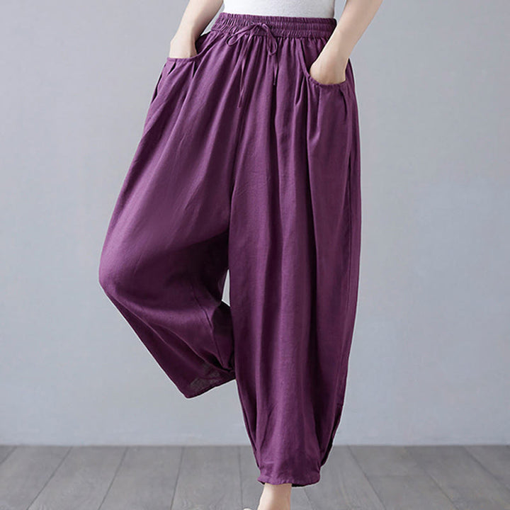 Buddha Stones Summer Plain Cropped Pants Women's Cotton Linen Harem Pants With Pockets - image 25