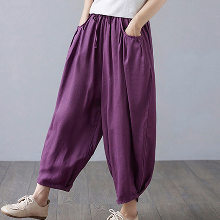 Buddha Stones Summer Plain Cropped Pants Women's Cotton Linen Harem Pants With Pockets - image 22