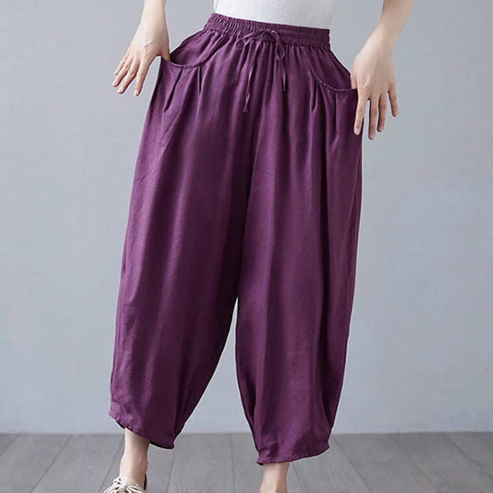 Buddha Stones Summer Plain Cropped Pants Women's Cotton Linen Harem Pants With Pockets - image 21