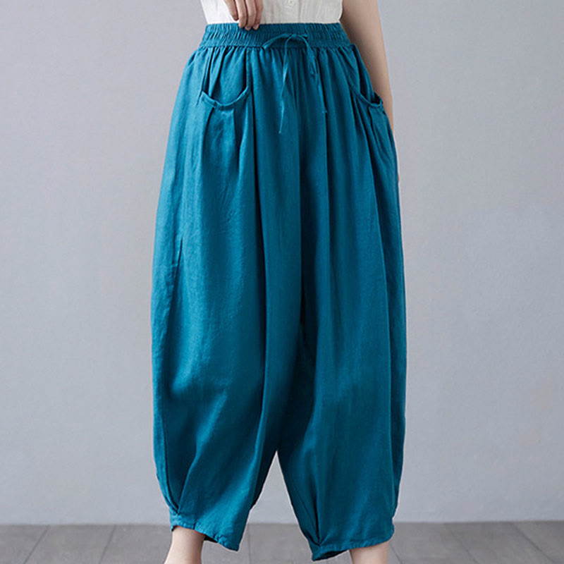 Buddha Stones Summer Plain Cropped Pants Women's Cotton Linen Harem Pants With Pockets - image 29