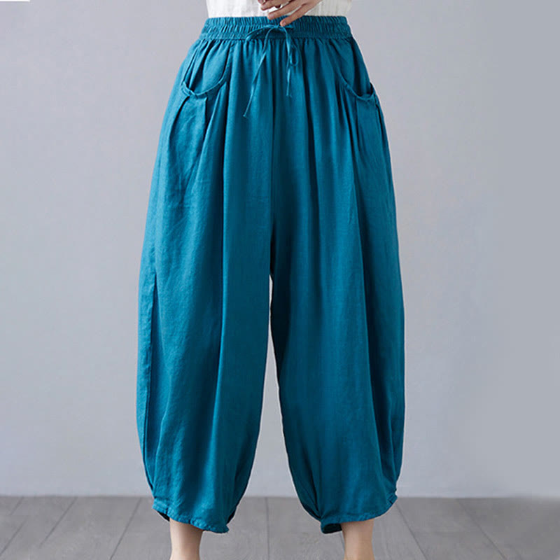 Buddha Stones Summer Plain Cropped Pants Women's Cotton Linen Harem Pants With Pockets - image 30