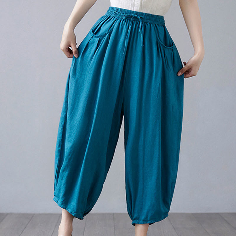 Buddha Stones Summer Plain Cropped Pants Women's Cotton Linen Harem Pants With Pockets - DeepSkyBlue - US12，UK/AU16，EU44 (3XL) - image 27