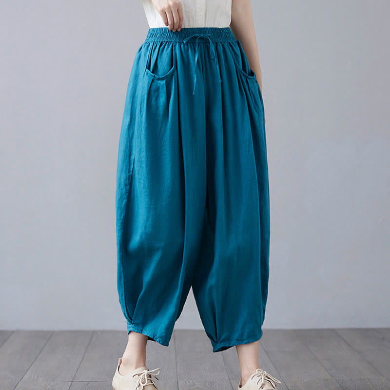 Buddha Stones Summer Plain Cropped Pants Women's Cotton Linen Harem Pants With Pockets - image 28