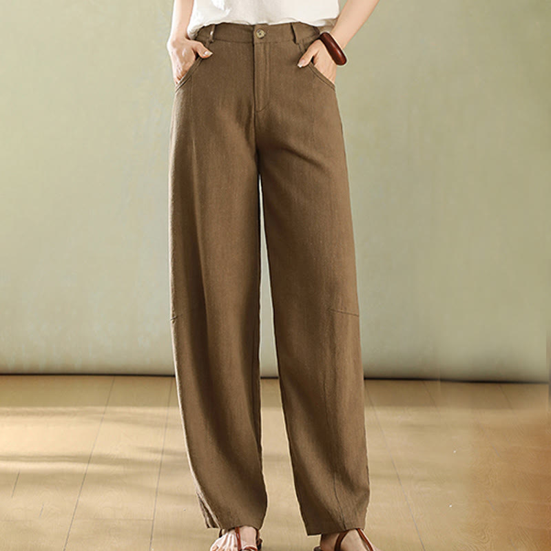 Buddha Stones Pure Color Buttons Women's Linen Pants With Pockets - Peru - US6，UK/AU10，EU38 (XL) - image 1