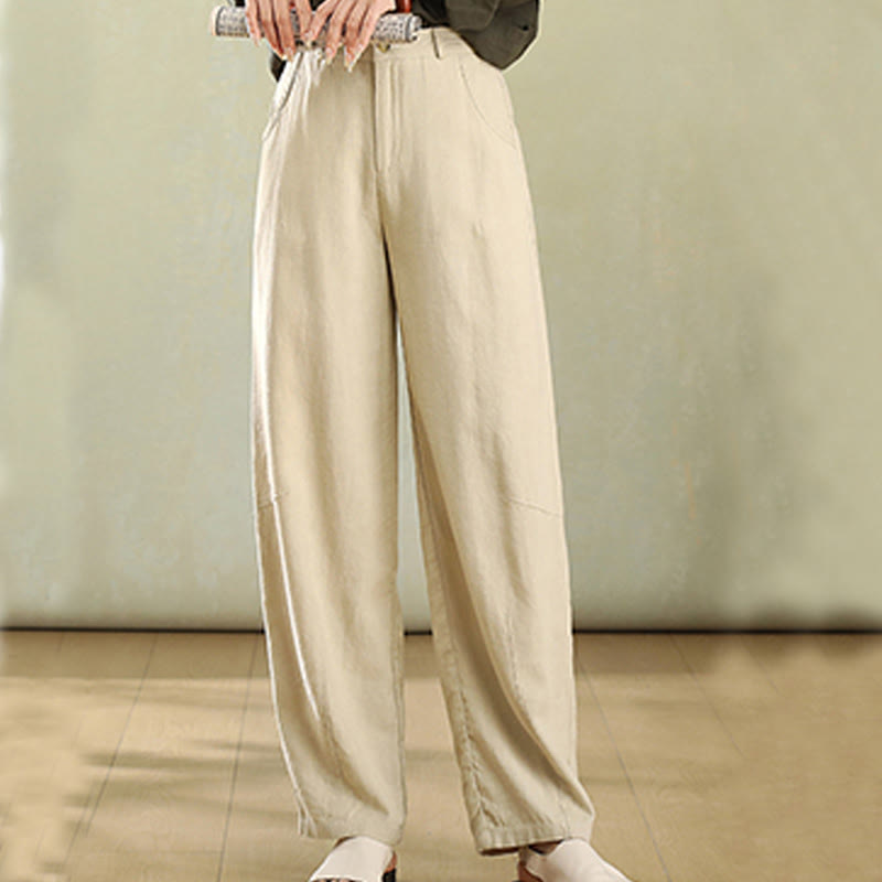 Buddha Stones Pure Color Buttons Women's Linen Pants With Pockets - Cornsilk - US6，UK/AU10，EU38 (XL) - image 3