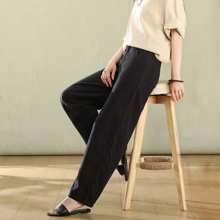 Buddha Stones Pure Color Buttons Women's Linen Pants With Pockets - Black - US6，UK/AU10，EU38 (XL) - image 13