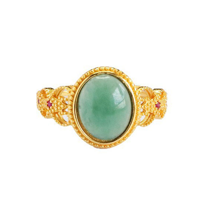 Buddha Stones Natural 925 Sterling Silver Plated Gold Hollow Design Jade Luck Ring - image 12