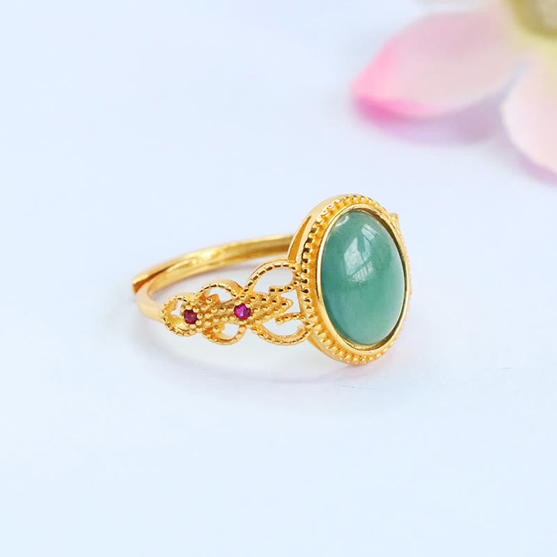 Buddha Stones Natural 925 Sterling Silver Plated Gold Hollow Design Jade Luck Ring - image 3
