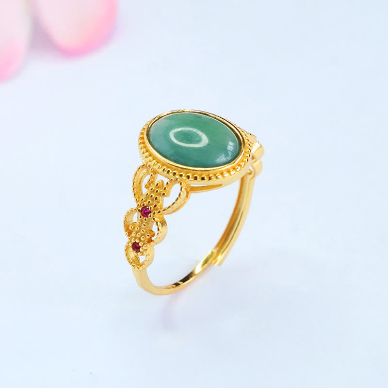 Buddha Stones Natural 925 Sterling Silver Plated Gold Hollow Design Jade Luck Ring - image 4
