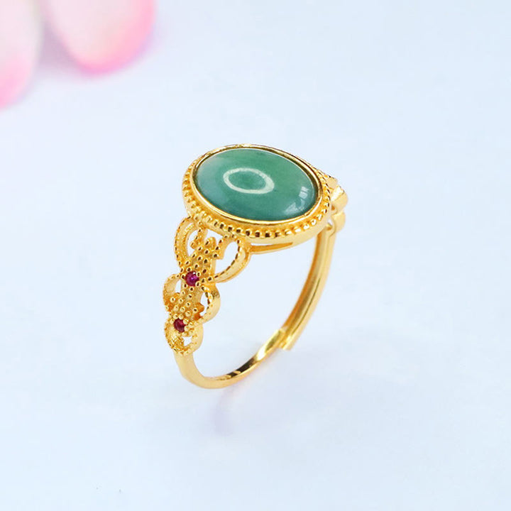 Buddha Stones Natural 925 Sterling Silver Plated Gold Hollow Design Jade Luck Ring - image 4